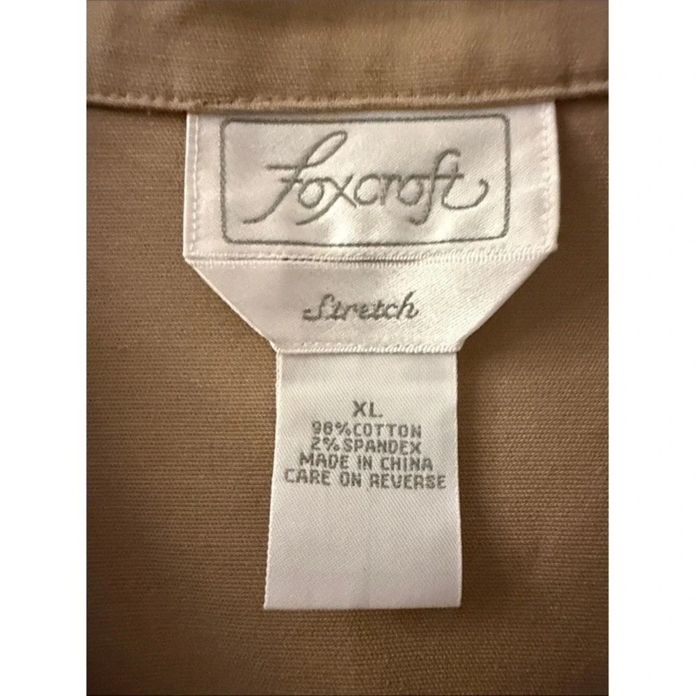 Foxcroft Stretch Tan Khaki Floral‎ Embroidered Button Front Jacket Womens XL